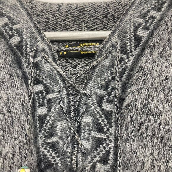 Alpaca Fina Hoodie Size S 100% Alpaca Handknit Peru Gray Tribal Pattern - Picture 8 of 16